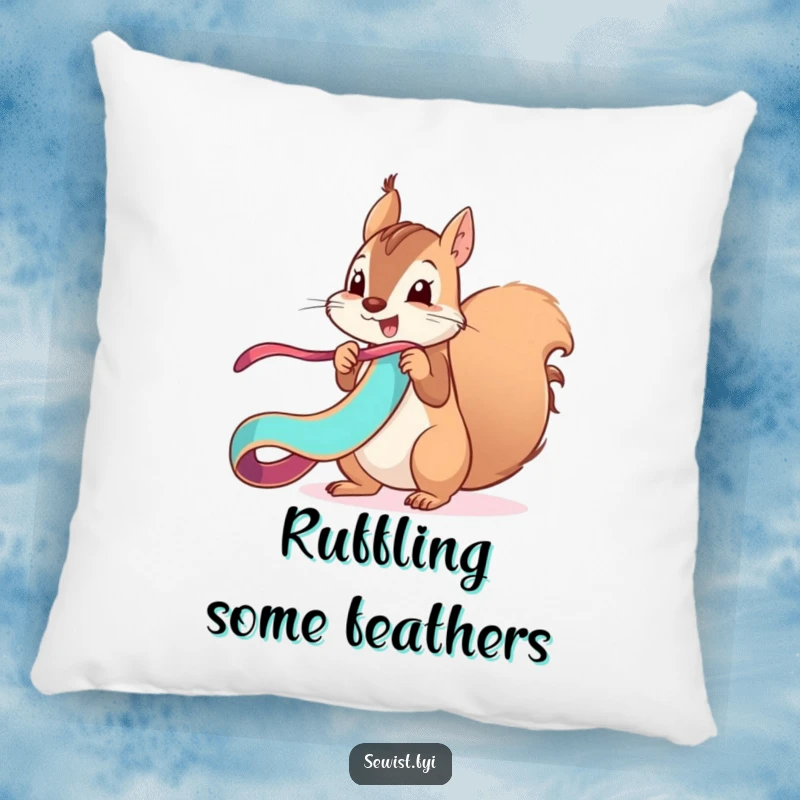 Funny mischievous squirrel unfurls a ribbon with a flourish, a soft and humorous pillow for fun lovers.