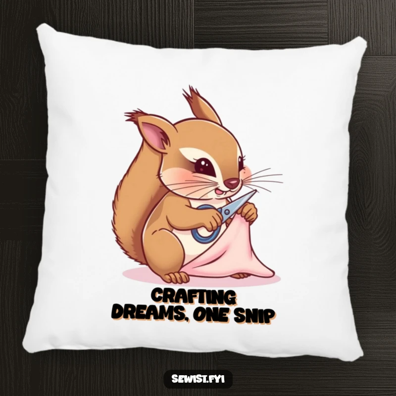 Funny squirrel tailor pillow, a determined creature snipping fabric, providing humorous comfort and decor for craft lovers and as a gift.