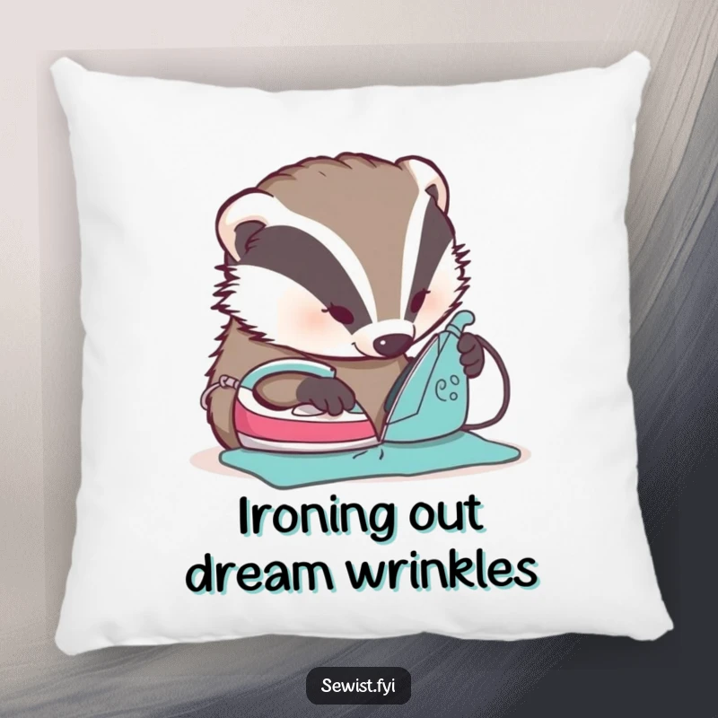 Funny Badger Ironing Pillow - Soft pillow featuring a humorous badger concentrating on ironing a seam flat with a tiny iron.