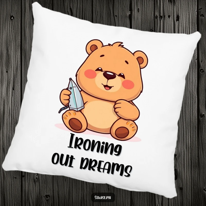 Funny Pillow: A jovial bear is focused on ironing seams, bringing soft comfort and meticulous humor.