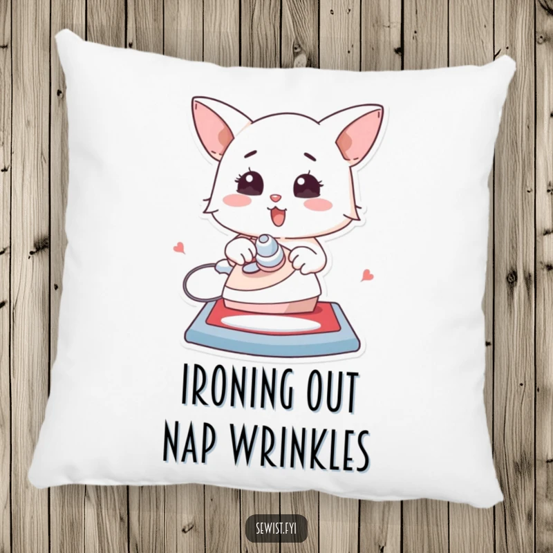 Funny pillow featuring a character enthusiastically ironing a flat creation, offering comfort and decorative humor.