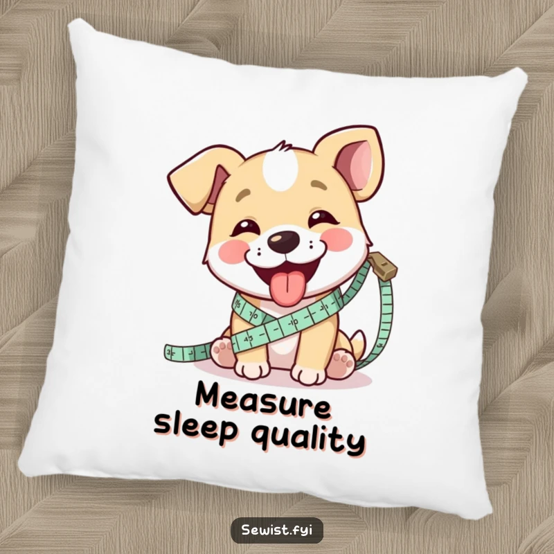 Funny pillow featuring a happy dog playfully measuring fabric with a tape measure, tongue out, perfect for cozy crafting.
