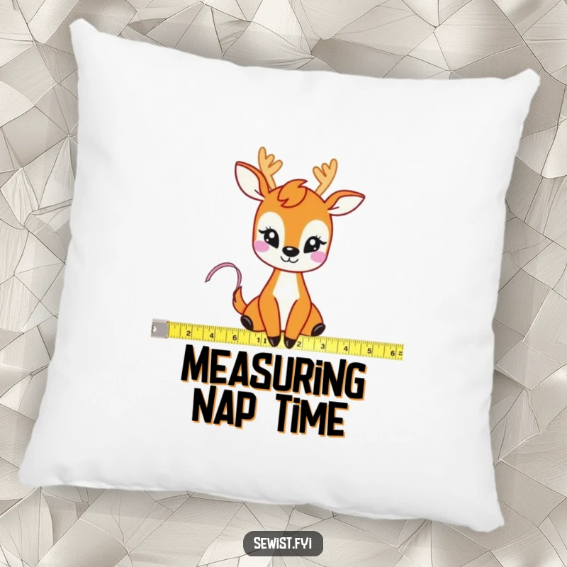 Funny Deer Measuring Tape Pillow: A soft cushion featuring a giggling deer meticulously measuring fabric with a tape measure, providing comfort and humor.
