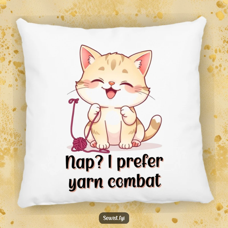 Funny Cat Pillow: Mischievous cat giggling, batting colorful yarn, soft accent pillow for comfort and humor.