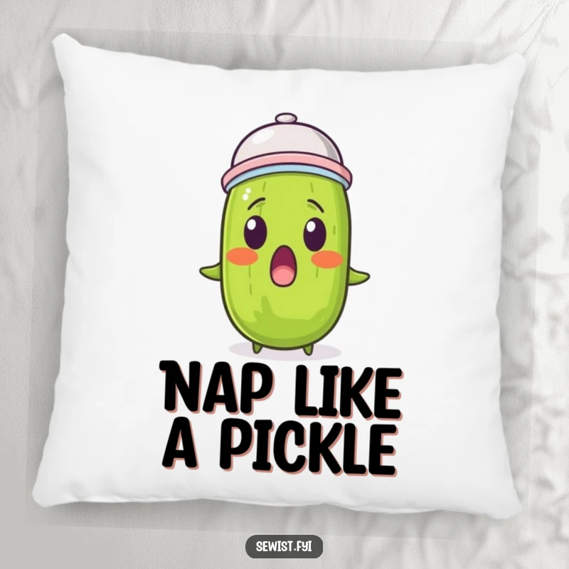 Funny pickle pillow featuring a surprised pickle wearing a thimble, ideal for quirky and cozy decor.