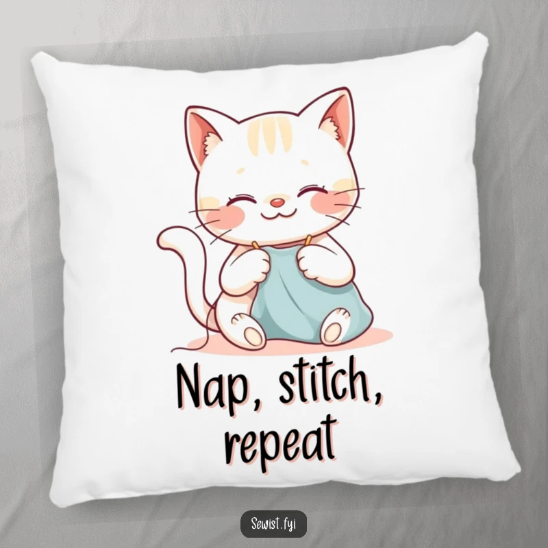 Funny cat pillow with a smiling cat sewing with a needle and thread, adding a touch of humor to decor.
