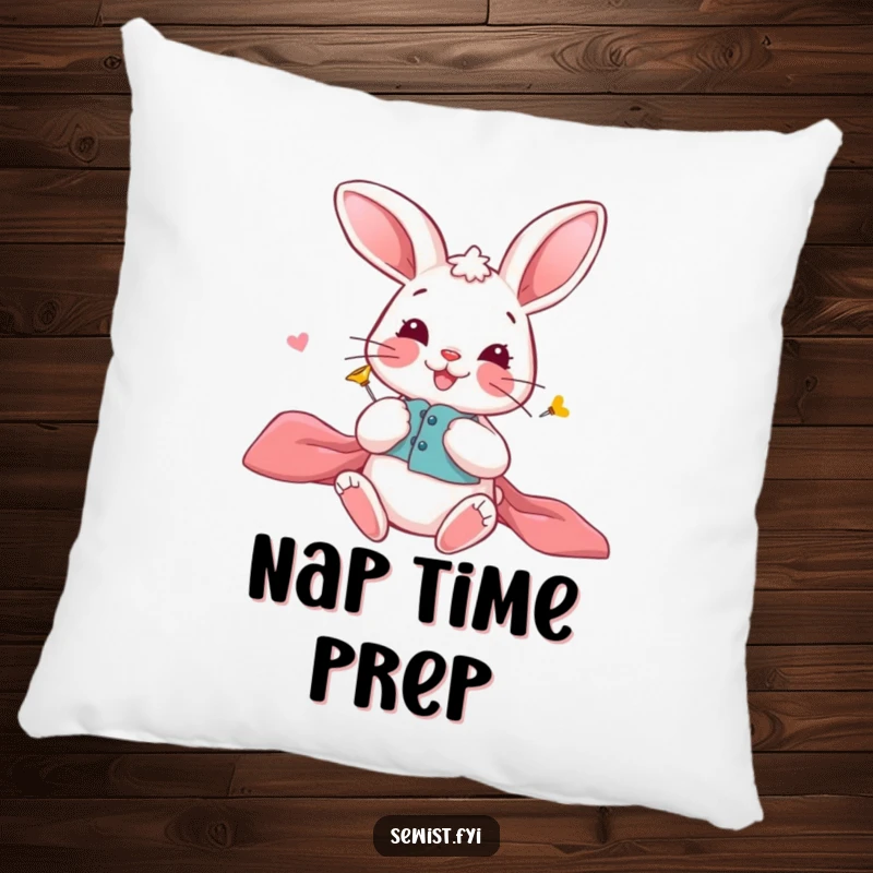 Funny Bunny Pillow: Soft pillow with a playful bunny carefully pinning fabric, adding cozy crafting precision, perfect gift.