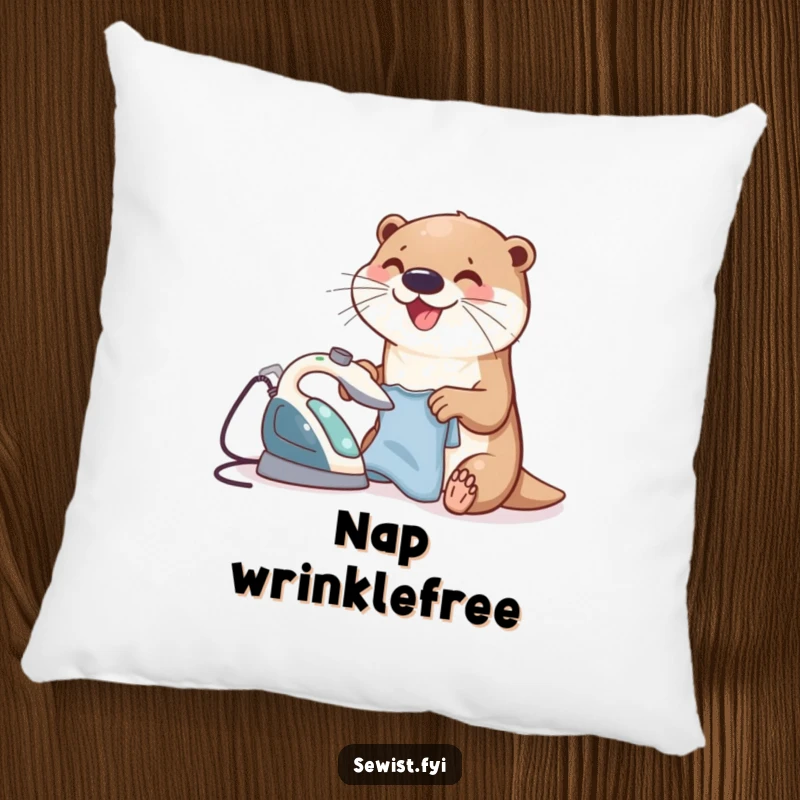 Funny Otter Pillow with a joyful otter ironing a small garment using a tiny iron, offering charming and humorous comfort.