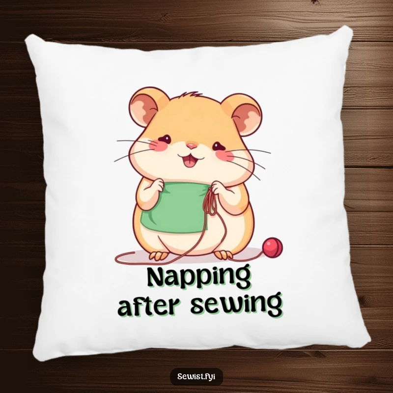 Funny beaming hamster sews with concentration using needle and thread, a soft and humorous pillow for crafters.