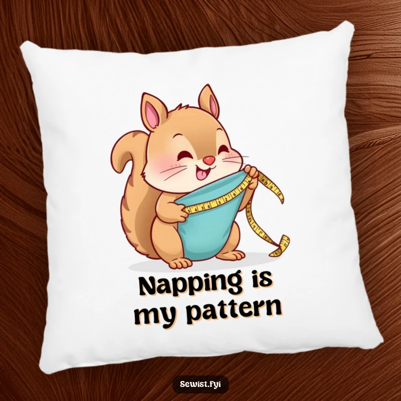 Funny Pillow: A smiling squirrel precisely measures fabric with a miniature tape measure, a cozy sewing accessory.