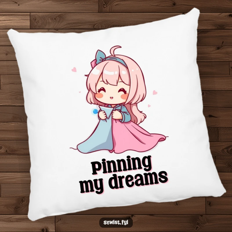 Funny decorative pillow with a character happily pinning fabric pieces together, adding humor and a focus on sewing preparation to home decor.