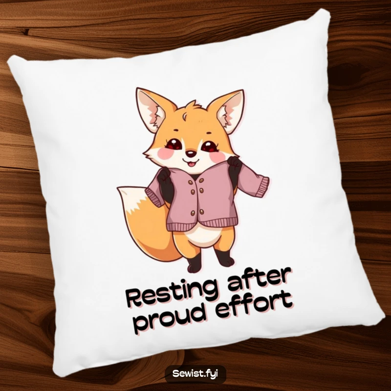 Funny fox dressmaker pillow, a playful creature proudly holding a slightly crooked garment, providing humorous comfort and decor for crafters.