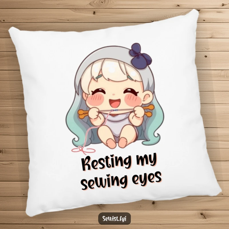 Funny threading needle pillow, happy character smiling while threading a needle with precision.
