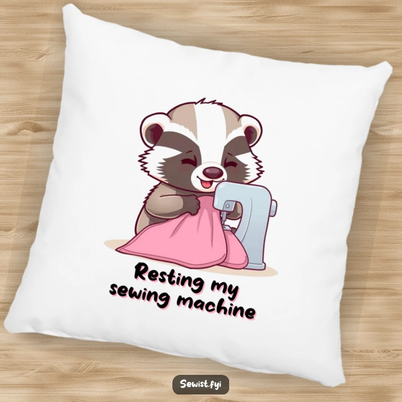 Funny Badger Pillow: A happy badger operating a sewing machine, providing comfort and a humorous touch, a delightful gift for sewers.
