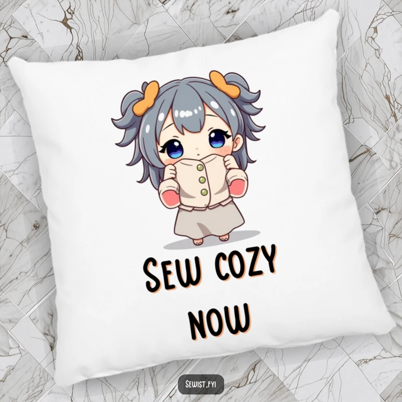 Funny decorative pillow with a character proudly holding a beautifully sewn garment, adding a touch of humor and sewing enthusiasm to any room.