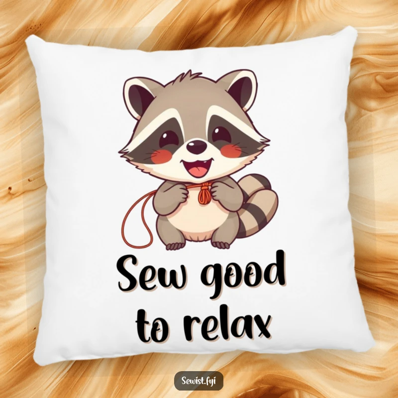 Funny Raccoon Sewing Pillow: A cute raccoon sewing with delight, adding comfort and humor to any cozy nook. Soft and snuggly.