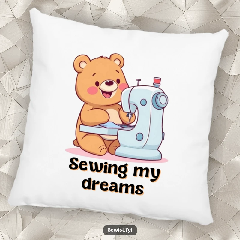 Funny Bear Pillow: Soft pillow with a happy bear sewing expertly, adding cozy crafting vibes, perfect gift.