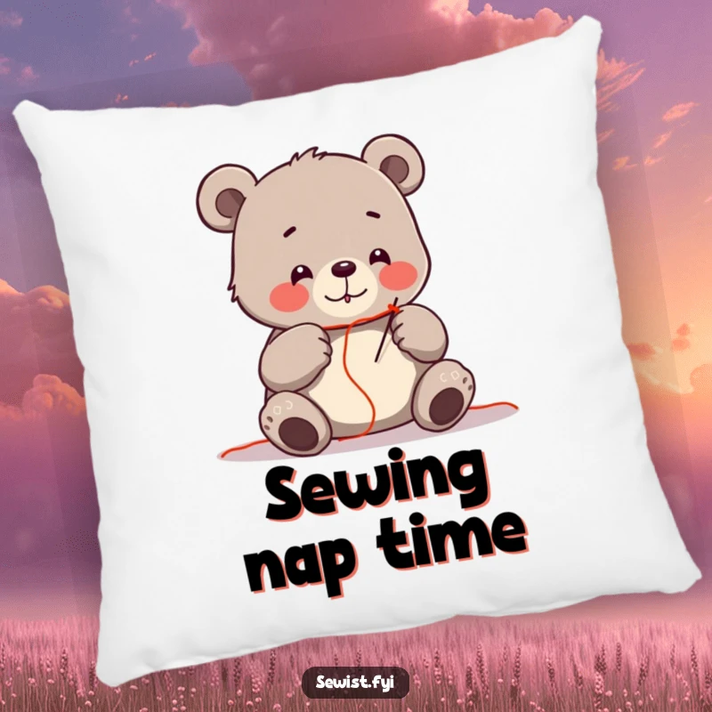 Funny pillow featuring a cheerful bear meticulously threading a needle with bright red thread, perfect for cozy crafting.