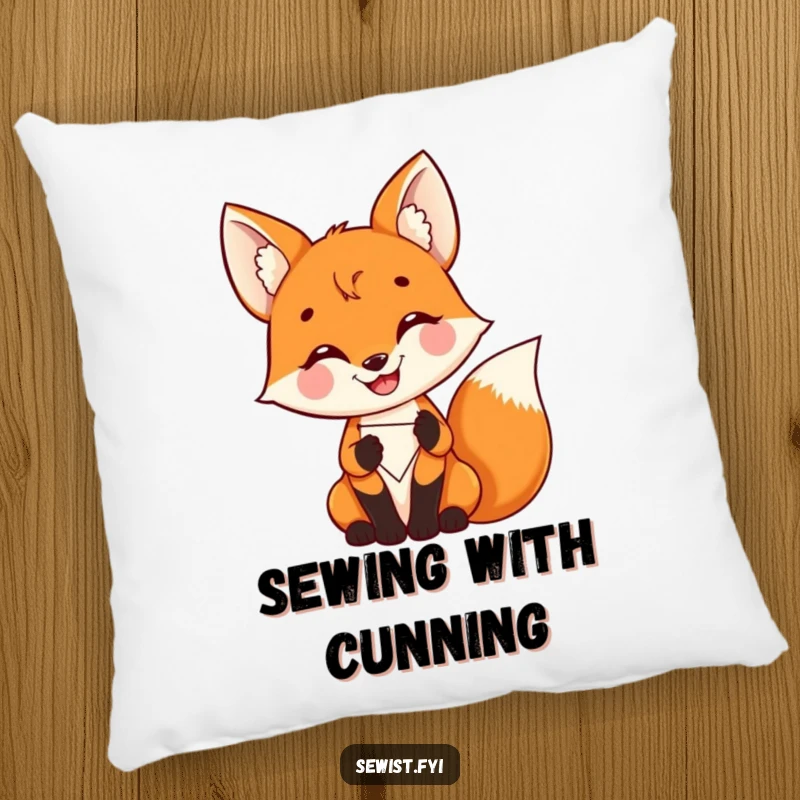 Funny Fox Pillow: Soft pillow with a delighted fox proudly stitching, adding cozy crafting vibes, perfect gift.
