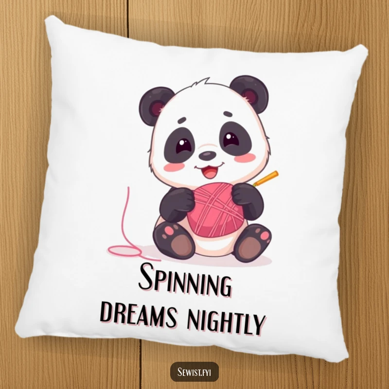 Funny Panda Pillow: A playful panda spinning thread, providing soft comfort and humorous cheer, a charming gift.