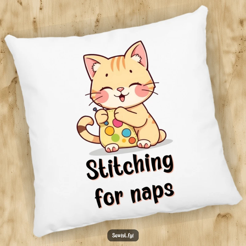 Funny plush pillow featuring a cheerful cat character stitching a colorful patch, a soft funny gift.