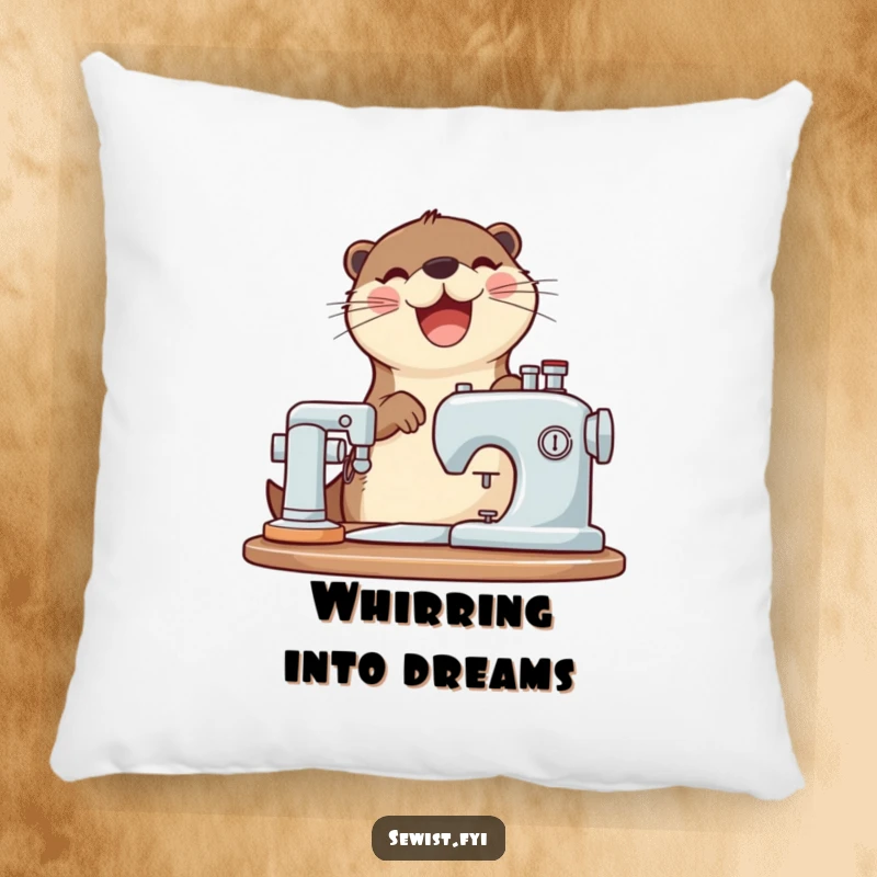 Funny otter pillow with a joyful otter operating a sewing machine, adding whimsical comfort.