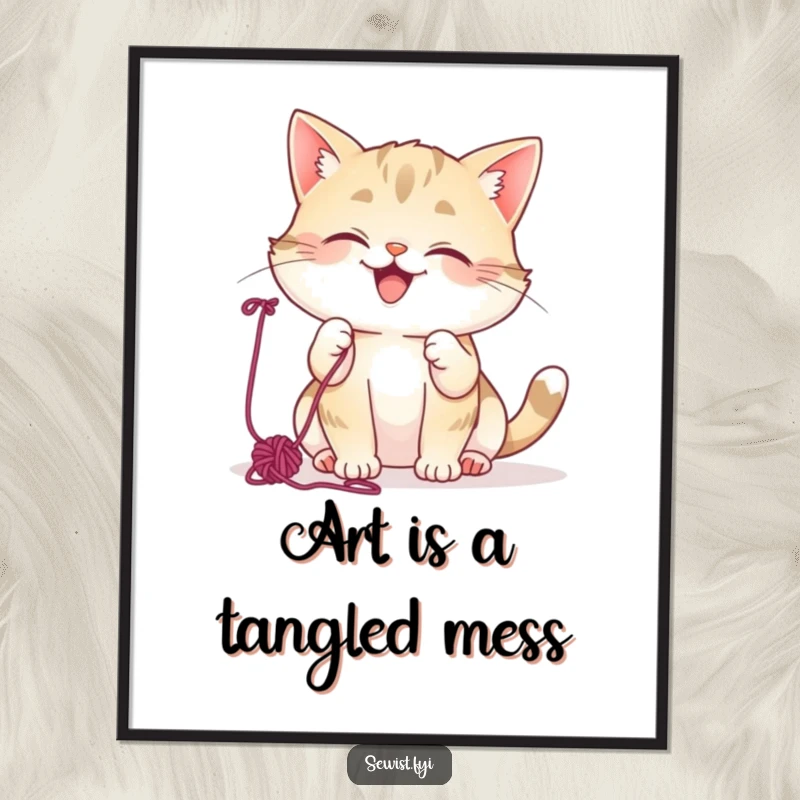 Funny Cat Digital Art Print: Mischievous cat giggling, batting colorful yarn, instant download for cheerful home decor.