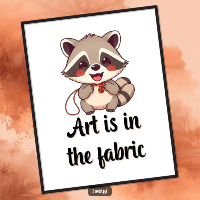 Funny Raccoon Sewing Digital Art Print: A beaming raccoon joyfully creating with thread and needle. Whimsical wall art.