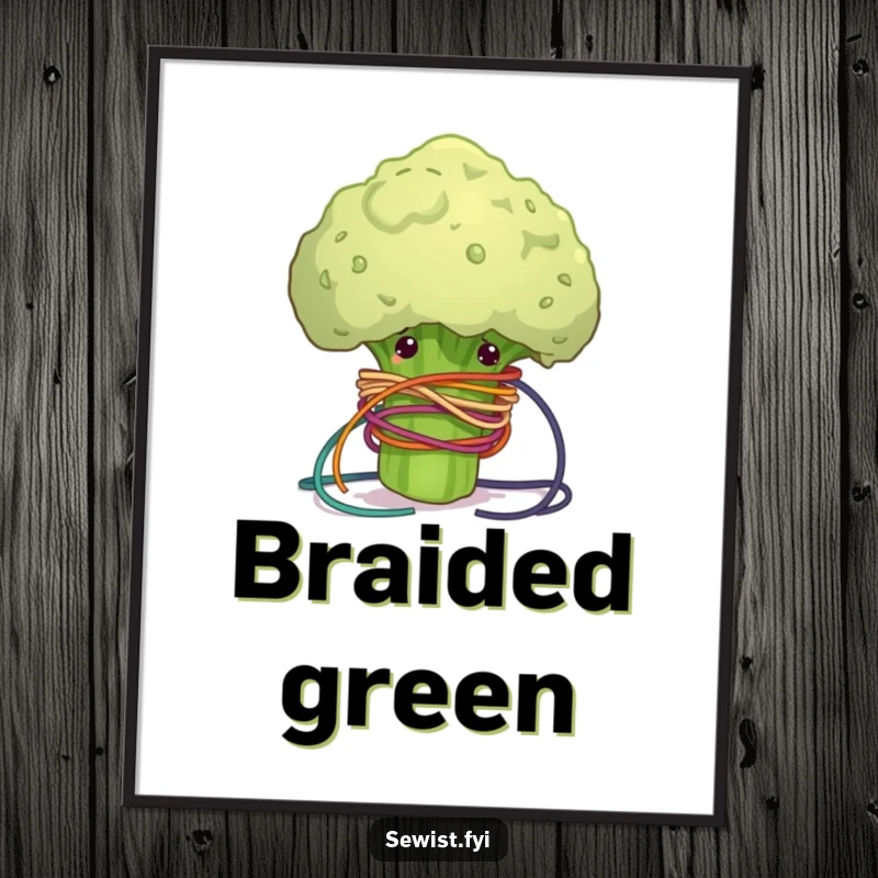 Funny digital art print of a clumsy broccoli floret comically tangled in colorful sewing thread, perfect for instant download and humorous decor.