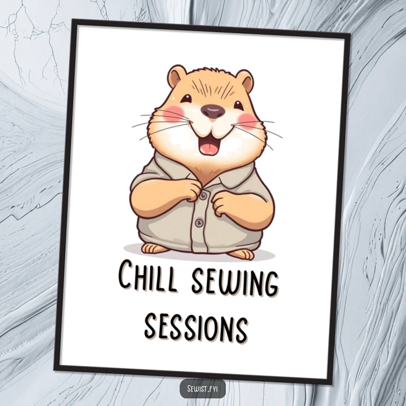 Funny Capybara Digital Art Print: A joyful capybara sewing a button, bringing instant calm and humor to any room, a downloadable gift.