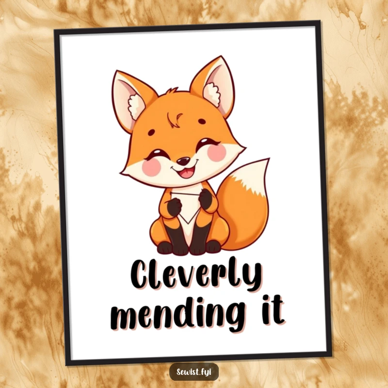 Funny Fox Digital Art Print: A delighted fox proudly stitching a colorful patch, adding crafting pride to decor, gift.