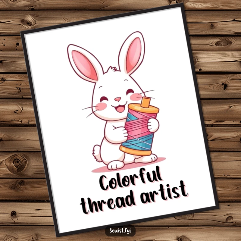 Funny Rabbit Digital Art: High-resolution printable of a cheerful rabbit holding a vibrant spool of thread, full of creative spirit.