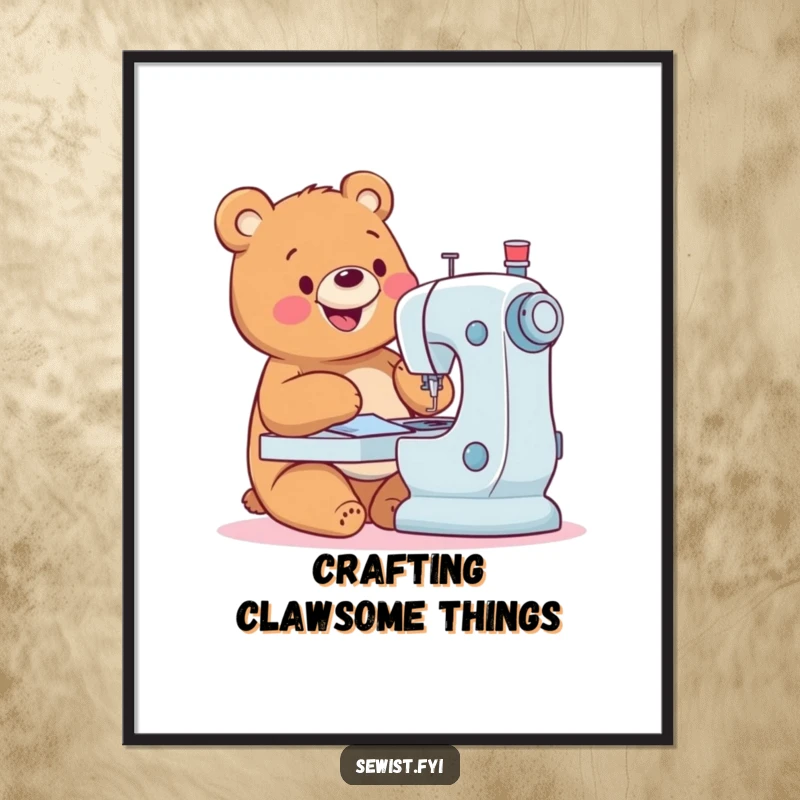Funny Bear Digital Art Print: A happy bear skillfully operating a sewing machine, adding crafting joy to decor, gift.