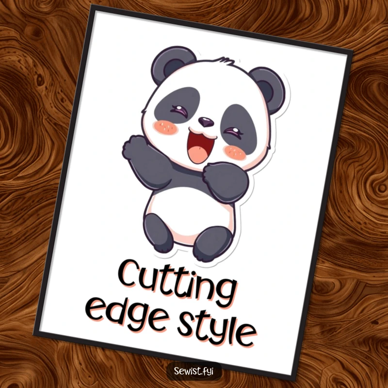Funny Panda Digital Art Print of a giggling panda cutting fabric with a cheerful flourish, celebrating the joy of making.