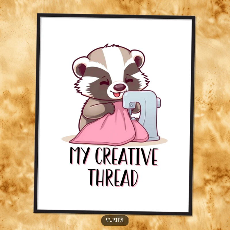 Funny Badger Digital Art Print: A happy badger sewing fabric, bringing cheerful humor and creativity to any room, a downloadable gift.