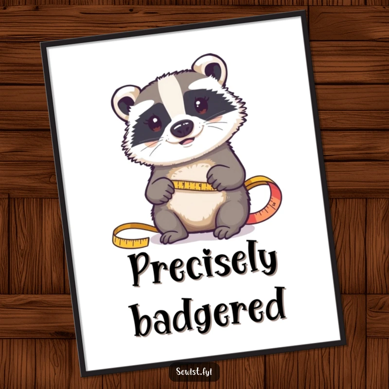 Funny digital art print: A determined badger precisely measures fabric with a tape measure, symbolizing the art of accurate crafting.