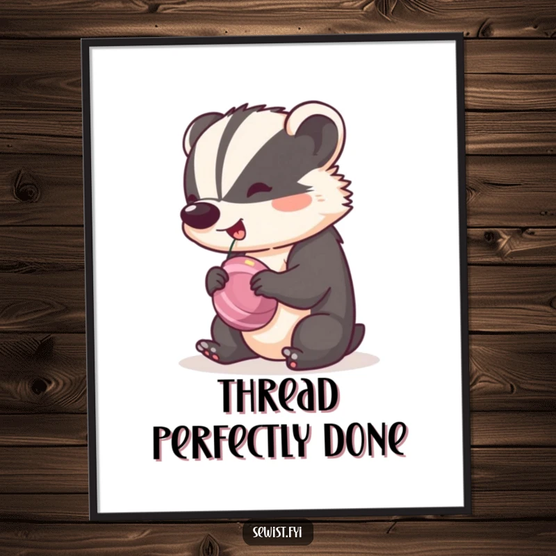 Funny Badger Digital Art Print of a cheeky badger spinning a bobbin with a happy rhythm, celebrating the joy of making.