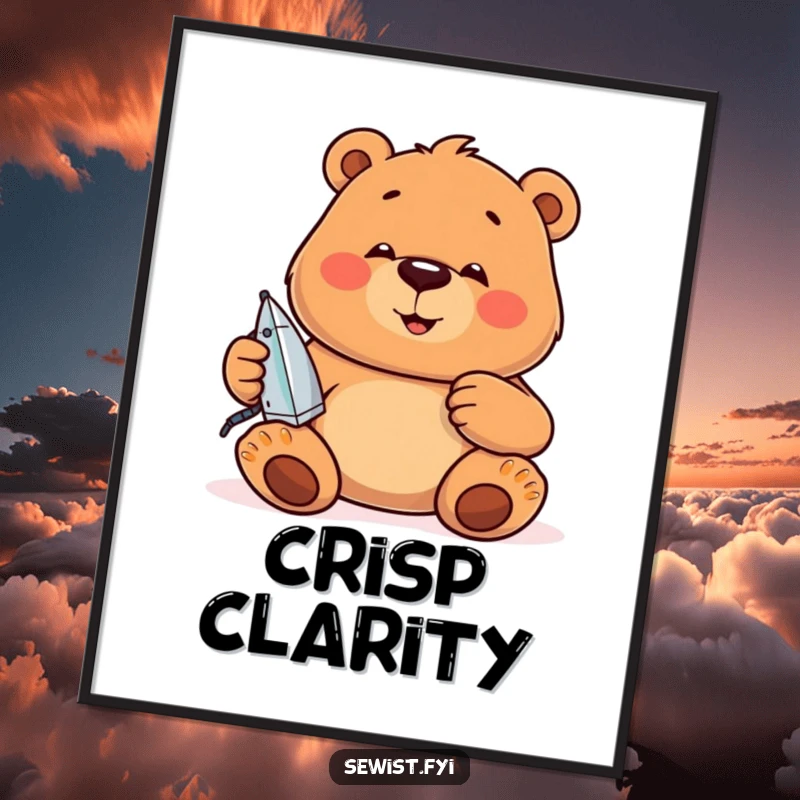 Funny Digital Art: A jovial bear concentrates on ironing seams, a humorous depiction of neatness for download.