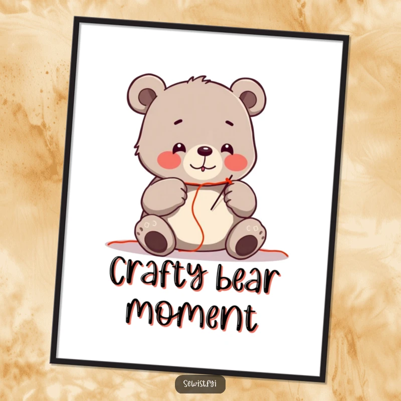 Funny digital art of a cheerful bear carefully threading a needle with bright red thread, illustrating focus.