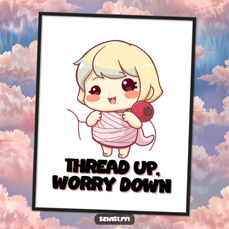 Funny digital art of a happy character winding a sewing bobbin, perfect for cheerful wall decor.