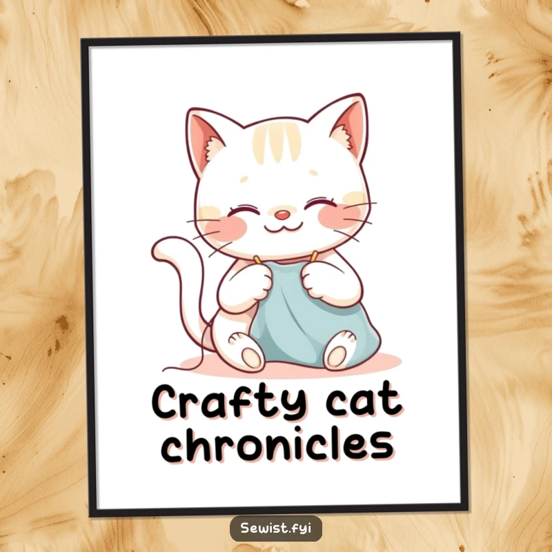 Funny cat digital art print of a happy cat sewing with a needle and thread, a charming piece for any room.