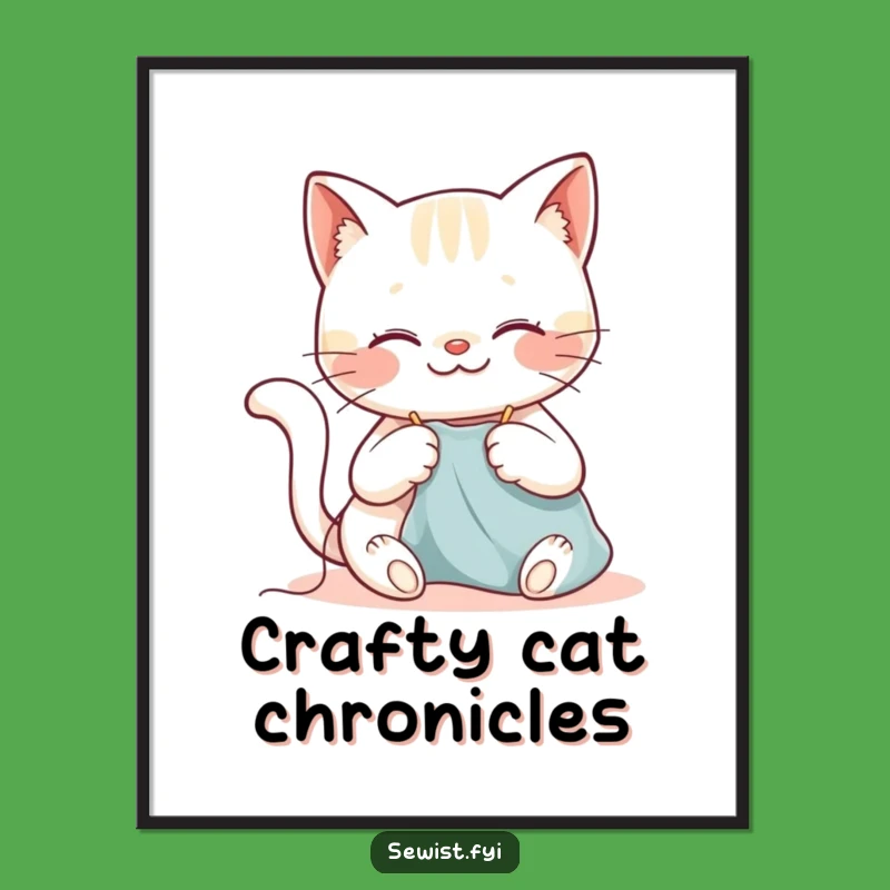 Funny Cat Sewing Digital Art Print: Instant Download, Happy Kitty Stitching Decor