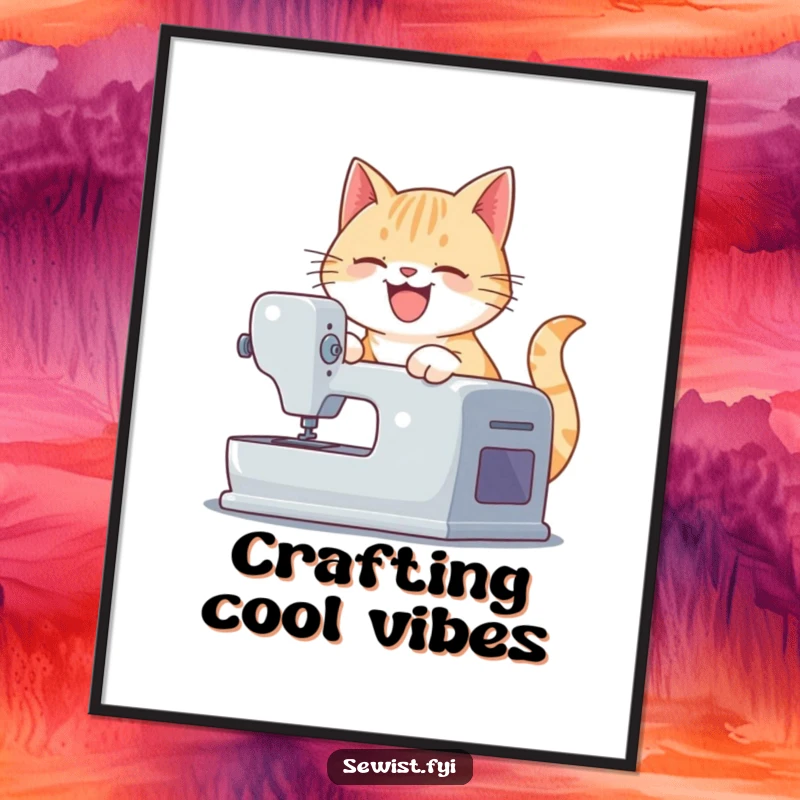Funny digital art print of a playful cat operating a sewing machine, offering humorous and crafty wall decor for any space.