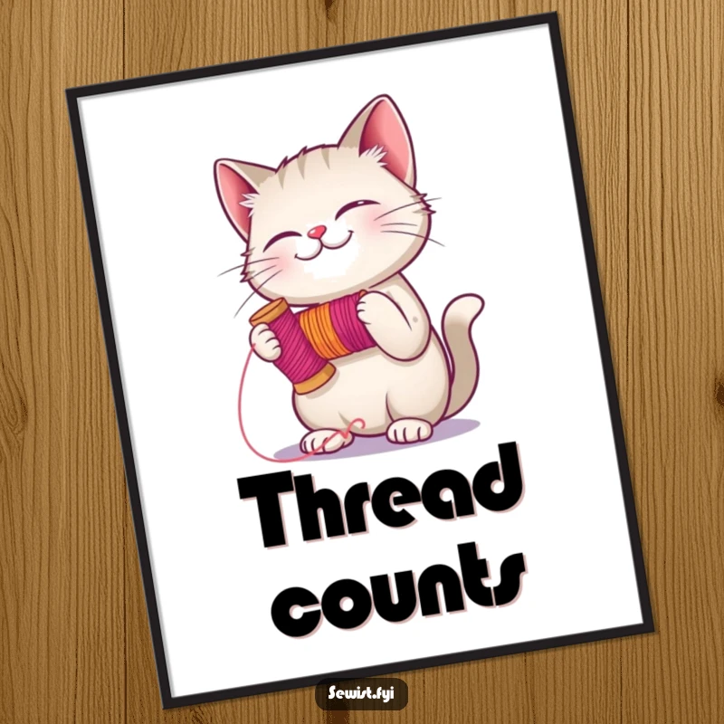 Funny giggling cat holding a spool of thread, ready to stitch, a vibrant digital art print capturing sewing and feline humor.
