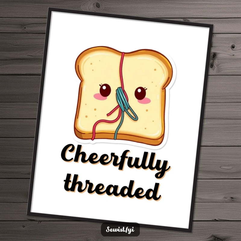 Funny toast digital art print featuring a cheerful piece of toast with vibrant thread emerging, printable wall decor.