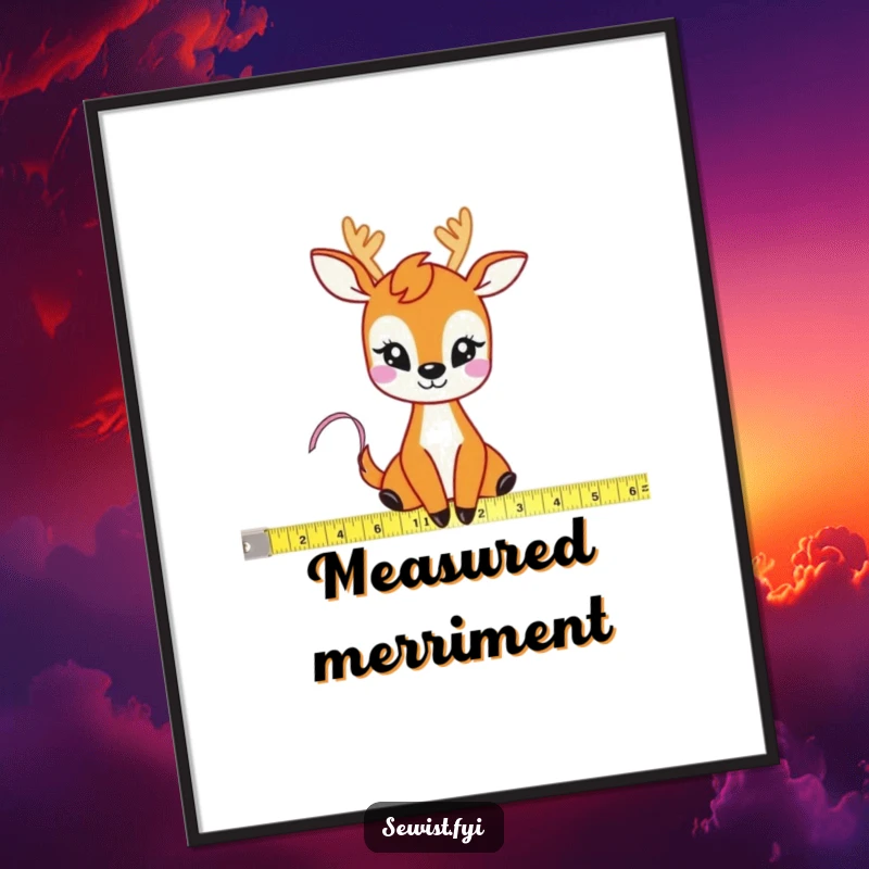 Funny Deer Measuring Tape Digital Art Print: High-resolution art of a giggling deer measuring fabric with a tape measure, perfect for creative decor.