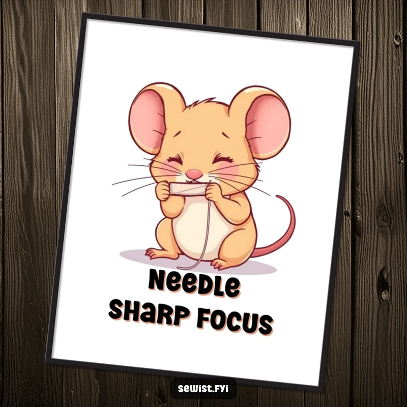 Funny determined mouse threading a needle with intense concentration. High-quality funny digital art.