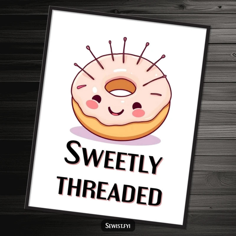 Funny digital art print of a cheerful donut with sewing needles in its frosting, perfect for instant download and sweet, humorous decor.
