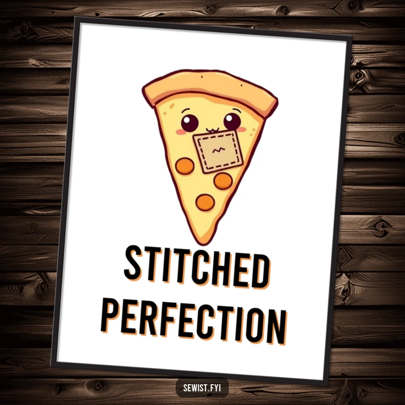 Funny digital art print of a proud pizza slice proudly displaying a tiny stitched patch, perfect for instant download and humorous decor.