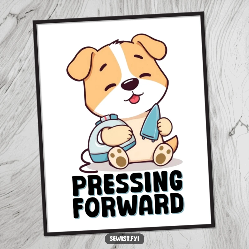 Funny Dog Ironing Seam Digital Art Print: High-resolution art of a content dog carefully ironing a small seam with a mini iron, perfect for tidy decor.